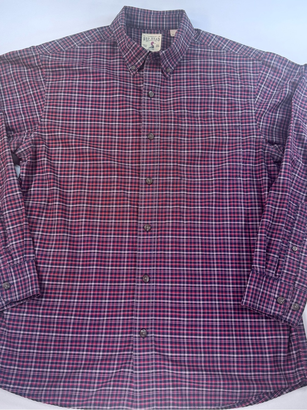 RED HEAD Men’s Long-Sleeve Button-Up Shirt, Red/White/Blue Plaid, Size L